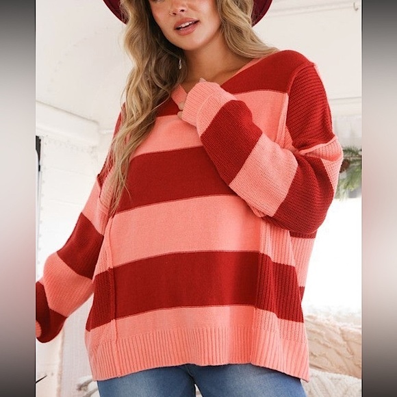 ☃️BOGO50%☃️ 🆕❤️PEACH LOVE: Peach/Burgundy Wide Stripe Knit Sweater SMALL - Picture 1 of 2
